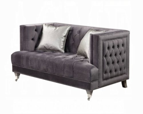 Acme Hegio Gray Velvet Loveseat with 2 Pillows