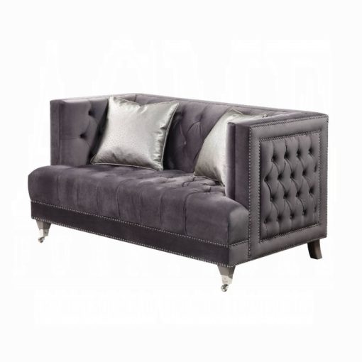 Acme Hegio Gray Velvet Loveseat with 2 Pillows
