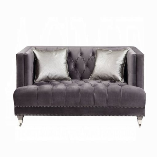 Acme Hegio Gray Velvet Loveseat with 2 Pillows - Image 2