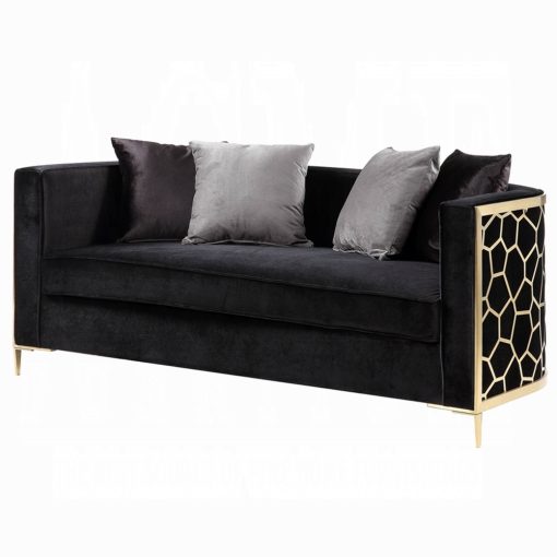 Acme Fergal Black Velvet & Gold Loveseat with 4 Pillows - Image 2
