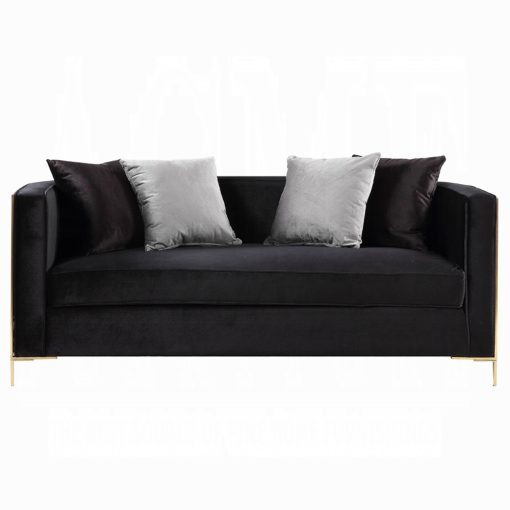 Acme Fergal Black Velvet & Gold Loveseat with 4 Pillows - Image 3