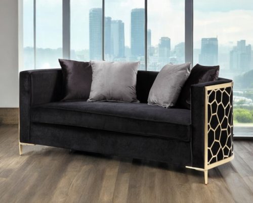 Acme Fergal Black Velvet & Gold Loveseat with 4 Pillows