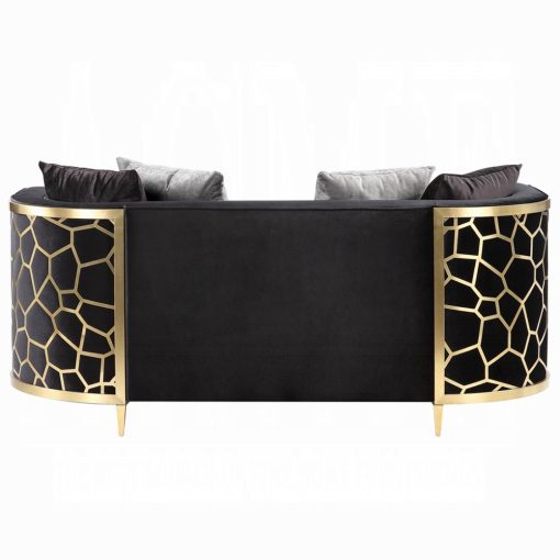 Acme Fergal Black Velvet & Gold Loveseat with 4 Pillows - Image 5