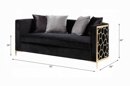 Acme Fergal Black Velvet & Gold Loveseat with 4 Pillows - Image 6