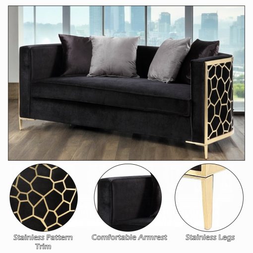 Acme Fergal Black Velvet & Gold Loveseat with 4 Pillows - Image 7
