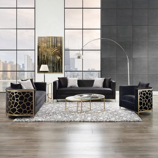 Acme Fergal Black Velvet & Gold Loveseat with 4 Pillows - Image 8