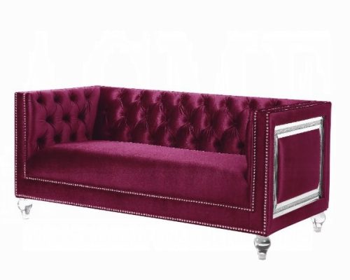 Acme Heibero Burgundy Velvet Loveseat with 2 Pillows (Same LV01401)