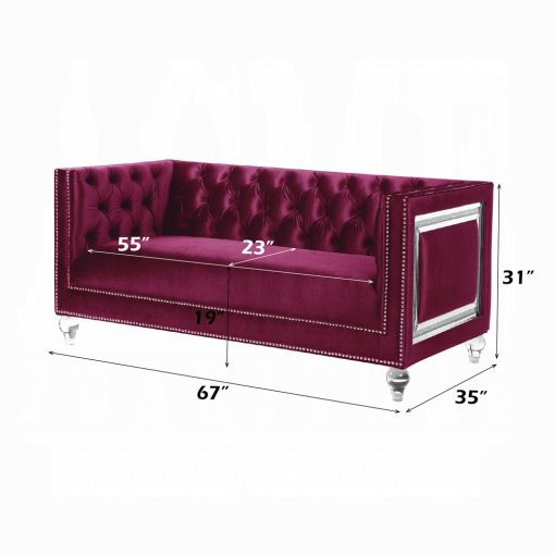Acme Heibero Burgundy Velvet Loveseat with 2 Pillows (Same LV01401) - Image 5