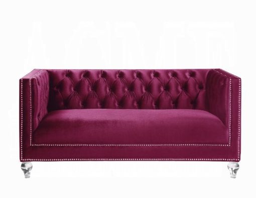 Acme Heibero Burgundy Velvet Loveseat with 2 Pillows (Same LV01401) - Image 4