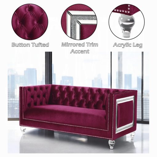 Acme Heibero Burgundy Velvet Loveseat with 2 Pillows (Same LV01401) - Image 6