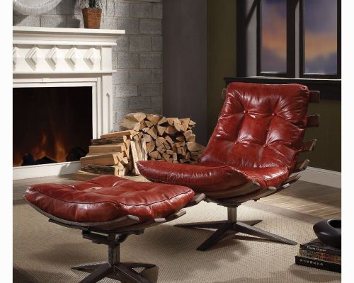 Acme Gandy Antique Red Top Grain Leather Chair & Ottoman