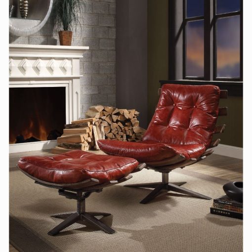 Acme Gandy Antique Red Top Grain Leather Chair & Ottoman