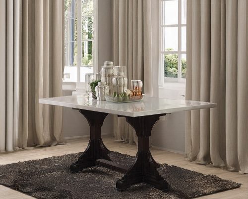 Acme Gerardo White Natural Marble Top & Weathered Espresso Rectangular Trestle Dining Table