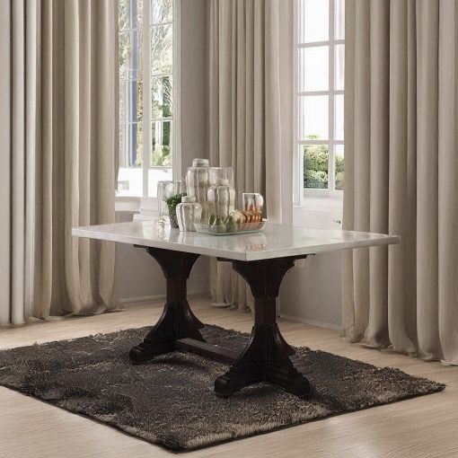 Acme Gerardo White Natural Marble Top & Weathered Espresso Rectangular Trestle Dining Table