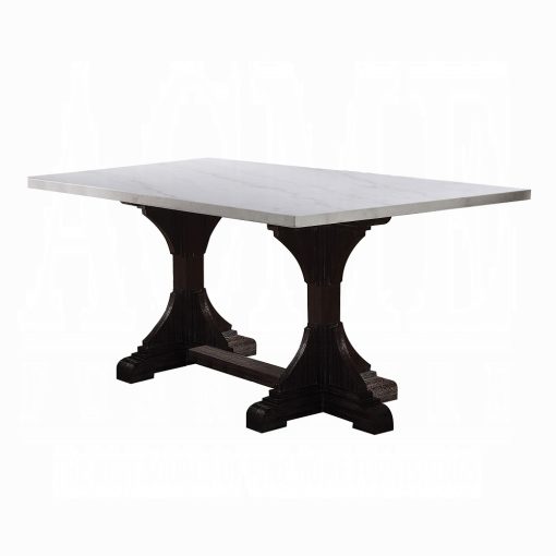 Acme Gerardo White Natural Marble Top & Weathered Espresso Rectangular Trestle Dining Table - Image 2