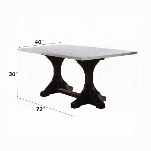 Acme Gerardo White Natural Marble Top & Weathered Espresso Rectangular Trestle Dining Table - Image 3