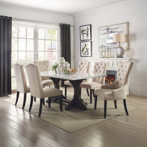 Acme Gerardo White Natural Marble Top & Weathered Espresso Rectangular Trestle Dining Table - Image 5