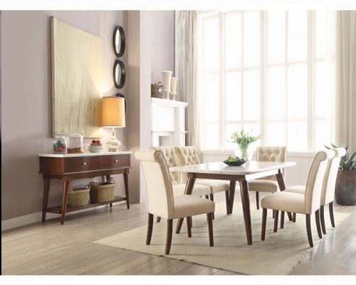 Acme Gasha White Natural Marble Top & Walnut Dining Table
