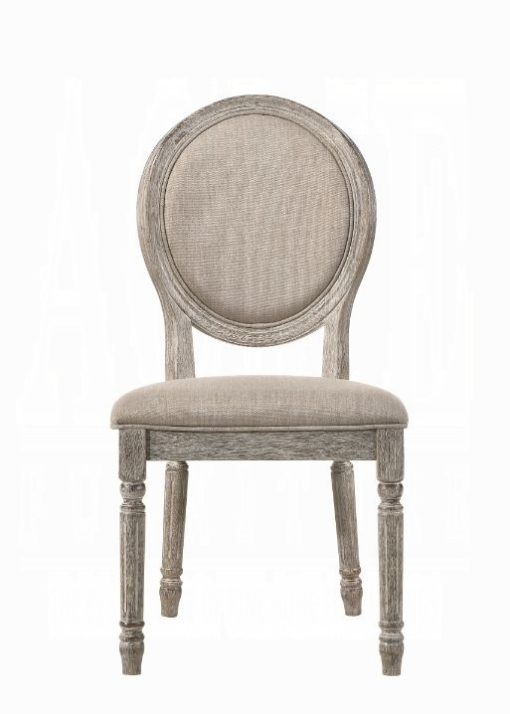 Acme Faustine Tan Fabric & Salvaged Light Oak Side Oval Back Chair - Set of 2 - Image 5