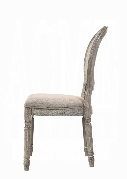 Acme Faustine Tan Fabric & Salvaged Light Oak Side Oval Back Chair - Set of 2 - Image 4