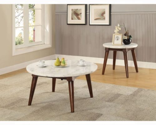 Acme Gasha White Natural Marble Top & Walnut Coffee Table