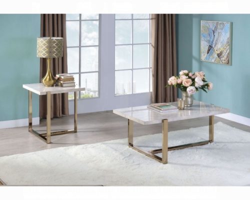 Acme Feit Engineered Stone Top & Champagne Coffee Table