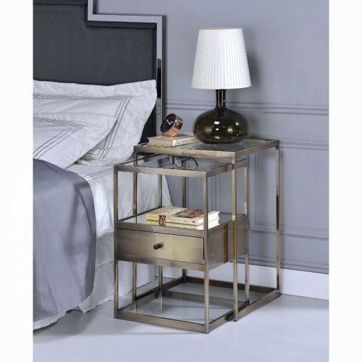Acme Enca Antique Brass & Clear Glass Nesting Table Set