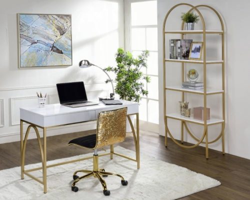 Acme Lightmane White High Gloss & Gold Writing Desk(Same AC00900)