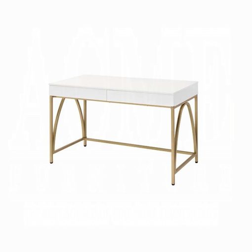 Acme Lightmane White High Gloss & Gold Vanity Desk - Image 2