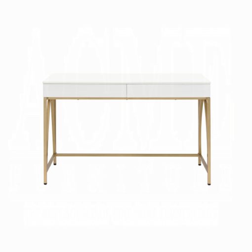 Acme Lightmane White High Gloss & Gold Vanity Desk - Image 3