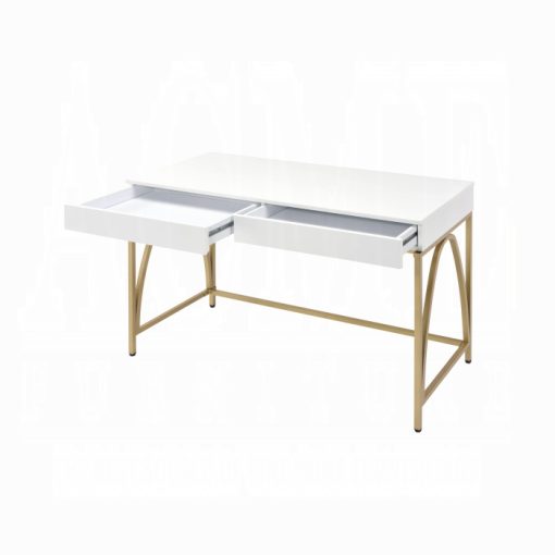Acme Lightmane White High Gloss & Gold Vanity Desk - Image 5