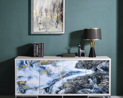 Acme Liam Blue Marble Paint & Chrome Console Cabinet
