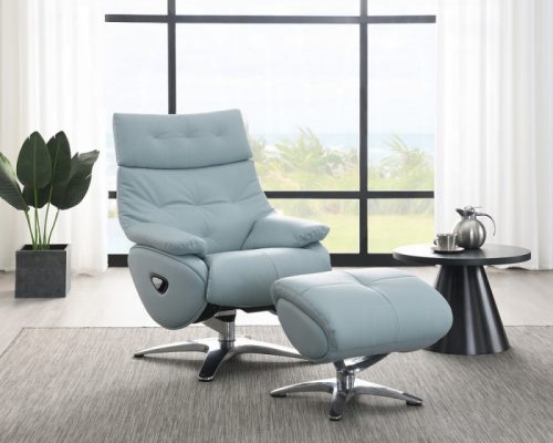 Acme Janella Babyblue Top Grain Leather Accent Chair w/Swivel & Ottoman