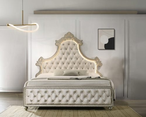 Acme Lucienne Beige Velvet Bed w/LED