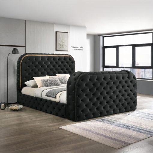 Acme Kana Black Upholstery Velvet Bed w/LED, Fireplace & TV Cabinet