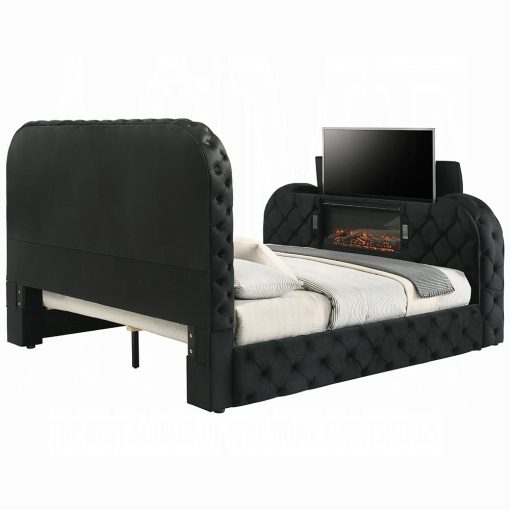 Acme Kana Black Upholstery Velvet Bed w/LED, Fireplace & TV Cabinet - Image 4