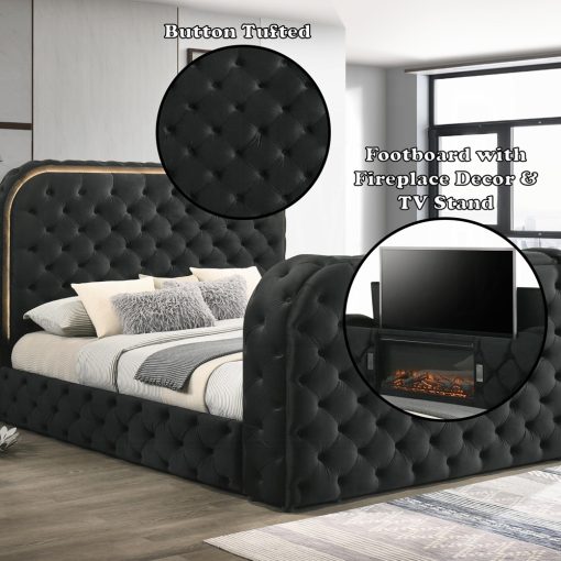 Acme Kana Black Upholstery Velvet Bed w/LED, Fireplace & TV Cabinet - Image 8