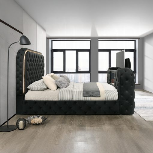 Acme Kana Black Upholstery Velvet Bed w/LED, Fireplace & TV Cabinet - Image 9