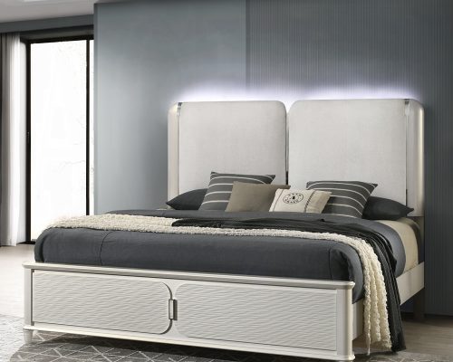 Acme Laveda Light Gray Boucle & Pearl White Bed w/LED