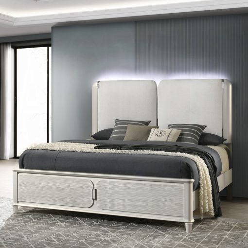 Acme Laveda Light Gray Boucle & Pearl White Bed w/LED