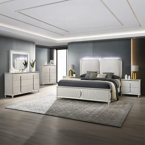 Acme Laveda Light Gray Boucle & Pearl White Bed w/LED - Image 6