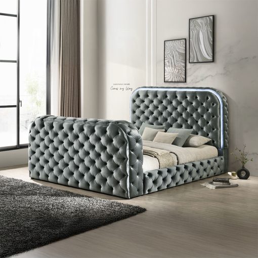 Acme Kana Gray Upholstery Velvet Bed w/LED, Fireplace & TV Stand