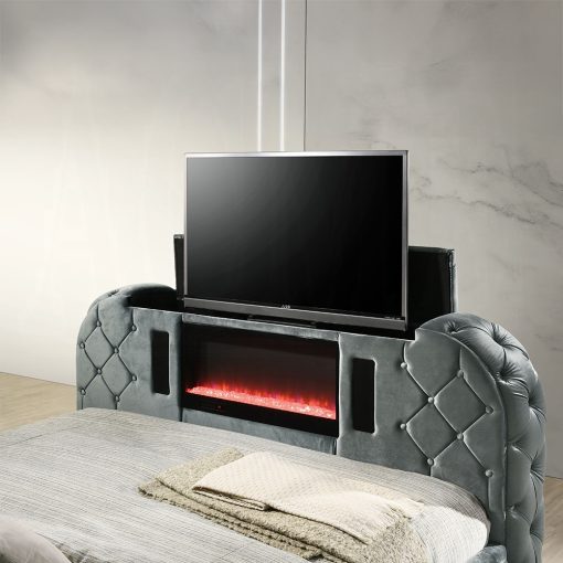 Acme Kana Gray Upholstery Velvet Bed w/LED, Fireplace & TV Stand - Image 3