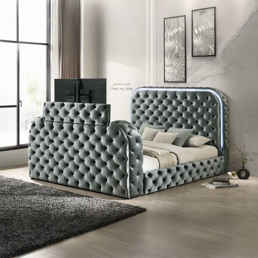 Acme Kana Gray Upholstery Velvet Bed w/LED, Fireplace & TV Stand - Image 4