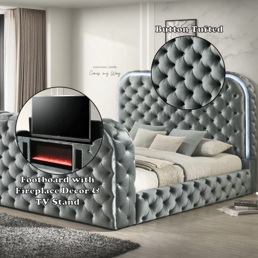 Acme Kana Gray Upholstery Velvet Bed w/LED, Fireplace & TV Stand - Image 6