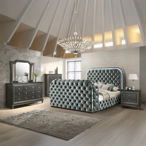 Acme Kana Gray Upholstery Velvet Bed w/LED, Fireplace & TV Stand - Image 7