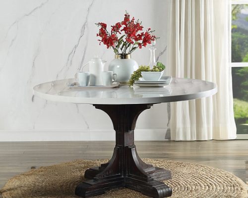Acme Gerardo White Natural Composite Wood Marble Top & Weathered Espresso Dining Table