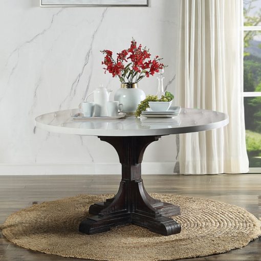 Acme Gerardo White Natural Composite Wood Marble Top & Weathered Espresso Dining Table