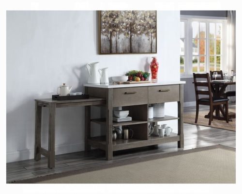 Acme Feivel Natural Marble Top & Rustic Oak Kitchen Island with Pull Out Table