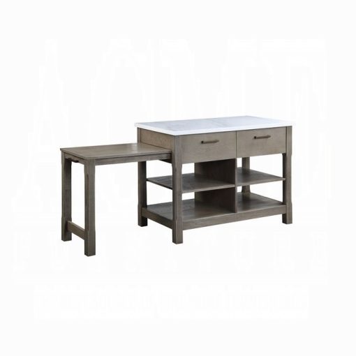 Acme Feivel Natural Marble Top & Rustic Oak Kitchen Island with Pull Out Table - Image 2